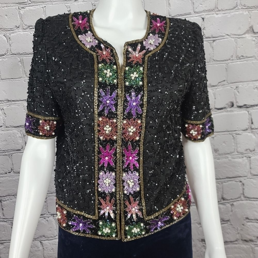 Vintage Laurence Kazar Floral Beaded Blouse, Small